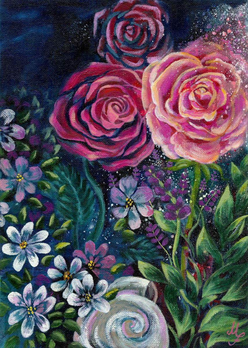 Blumen Mitternachts Traum – Original-Ölgemälde von Monique Fischer, 21 × 29,7 cm