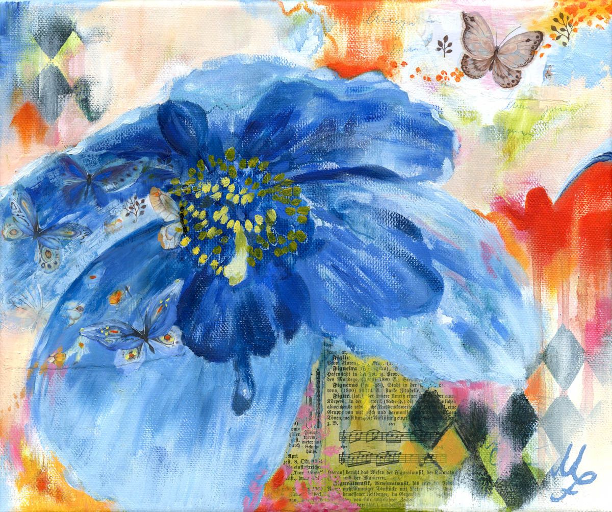 Flower Power – Blaue Schönheit – Original-Ölgemälde von Monique Fischer, 25 × 30 cm