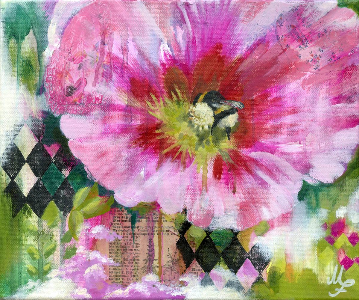 Flower Power – Sie verbindet Erde und Himmel – Original-Ölgemälde von Monique Fischer, 25 × 30 cm