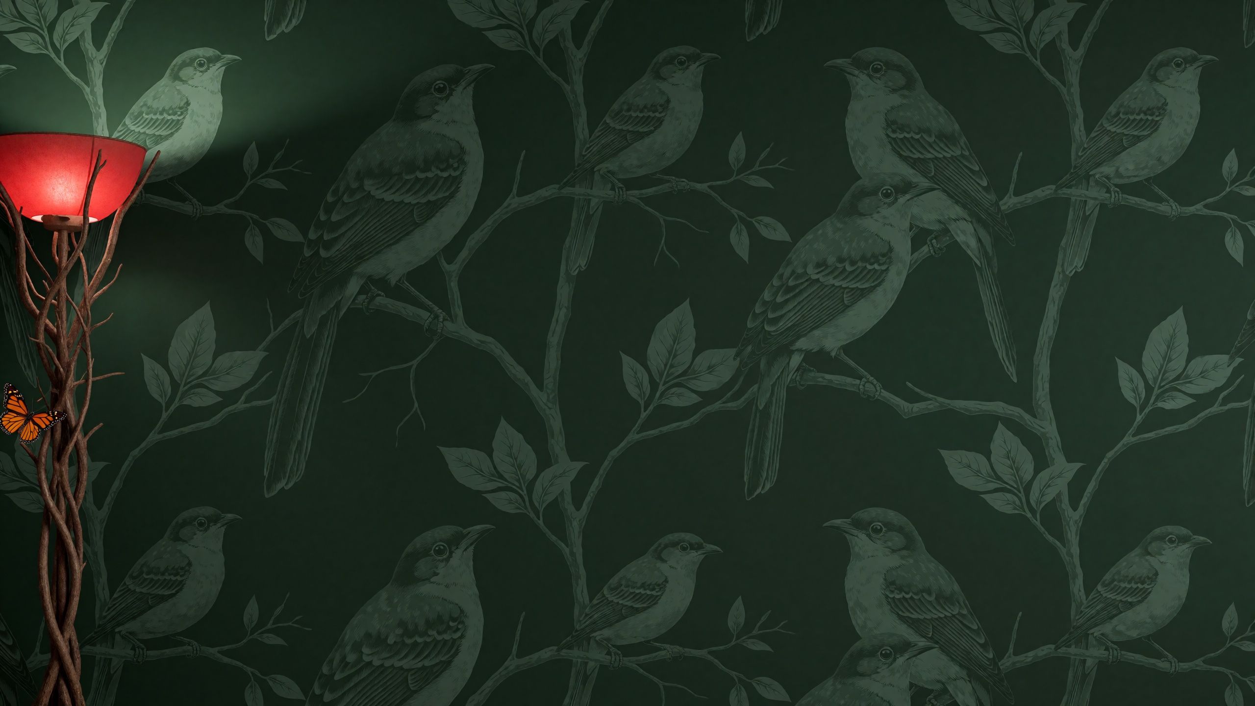 Wohnraum-Mockup „Waldgrün-Vögel“ mit freier Wandfläche